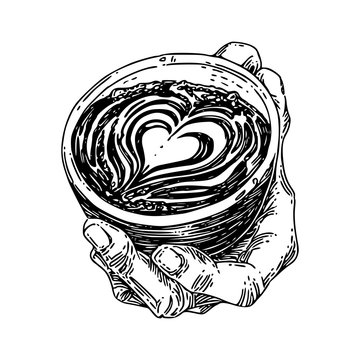 Hand holding a cup cappuccino decorated with a picture of heart. Sketch. Engraving style. Vector illustration.