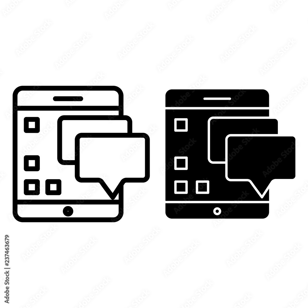 Poster device with speech bubbles line and glyph icon. tablet with messages vector illustration isolated on