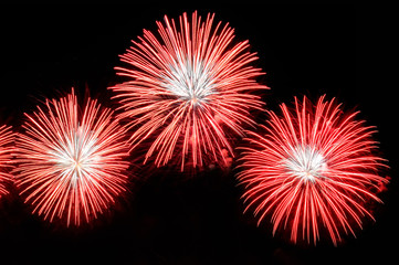 Flashes of fireworks of red color on a black background