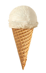 Vanilla ice cream scoop in waffle cone isolated on white background