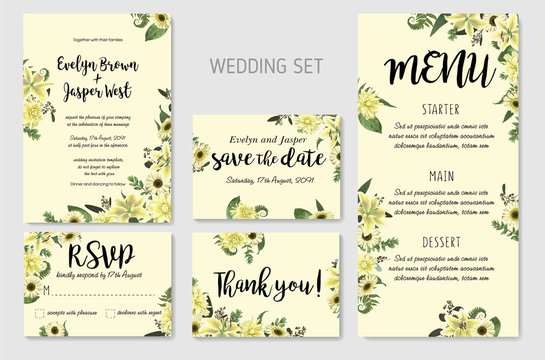 Wedding Invitation set, floral invite, thank you, rsvp card Design. Forest leaf, fern, branches, buxus, eucalyptus. Flowers of white lily, gerbera, dahlia. Decorative frame print