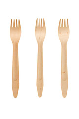 Three wooden bamboo forks isolated on a white background. Plugs from natural materials. Safe disposable utensils to preserve the environment.