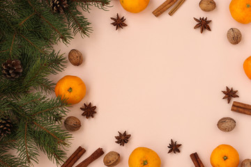 Christmas New Year composition with tangerines, anise, nuts, cinnamon sticks and green fir tree branches. Holiday decoration.