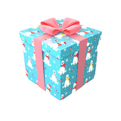 Gift box in blue, red and white color with pink bow and ribbon. Surprise in wrapping paper with polar bear and bullfinch. Winter holiday 3d render