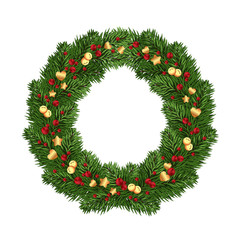 Fototapeta na wymiar Large round wreath of pine branches with festive decor. Isolated