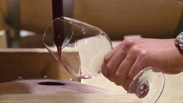 Cellar man hands pouring red Brunello di Montalcino wine with a wine thief pipette from a barrique barrel into a glass for wine testing in a cellar
