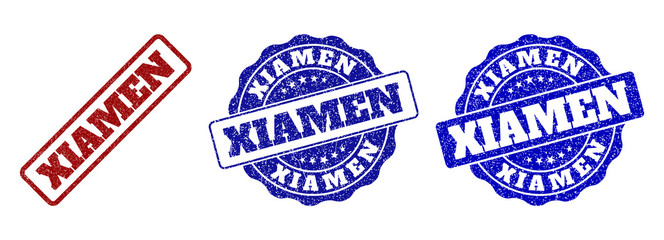 XIAMEN scratched stamp seals in red and blue colors. Vector XIAMEN marks with scratced style. Graphic elements are rounded rectangles, rosettes, circles and text captions.