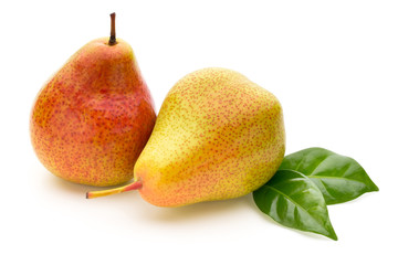 Fresh bio pear with leaves on isolated white background.