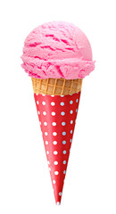 strawberry ice cream scoop on cone isolated on white background