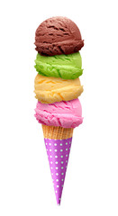 kiwi fruit, pistachio, mango, mint, Strawberry and chocolate Ice cream scoops in cone isolated on white background