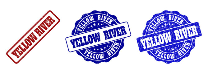 YELLOW RIVER scratched stamp seals in red and blue colors. Vector YELLOW RIVER labels with draft effect. Graphic elements are rounded rectangles, rosettes, circles and text labels.