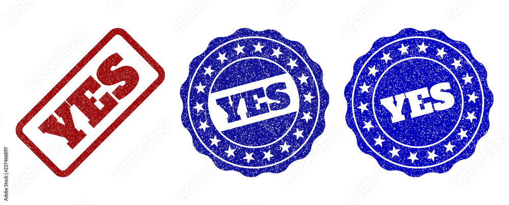 Poster yes grunge stamp seals in red and blue colors. vector yes labels with grunge texture. graphic elemen