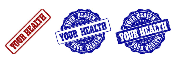 YOUR HEALTH grunge stamp seals in red and blue colors. Vector YOUR HEALTH watermarks with distress texture. Graphic elements are rounded rectangles, rosettes, circles and text labels.
