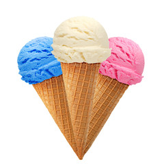 strawberry, vanilla and blueberry ice cream scoops on cone isolated on white background