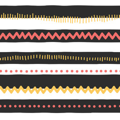 Seamless vector pattern abstract horizontal lines, zigzag, dots, stripes. Red and yellow doodles on black and white background. Texture for childrens market, kids decor, web banner, fabric, page fill.