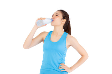 Beautiful portrait asian young woman in sport clothing drink bottle of water for healthy isolated on white background, girl with fit thirsty after exercise and fitness, health concept.