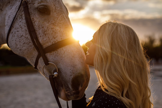 Side view of woman touching her horse during sunset
