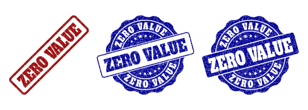ZERO VALUE grunge stamp seals in red and blue colors. Vector ZERO VALUE labels with distress texture. Graphic elements are rounded rectangles, rosettes, circles and text labels.