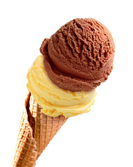 mango and chocolate Ice cream scoops in cone isolated on white background