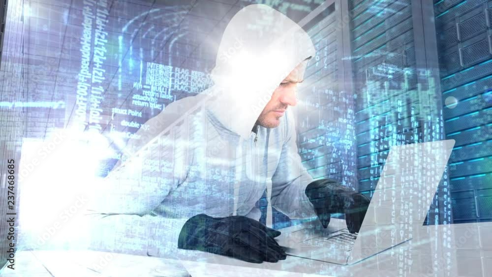 Aufkleber digital animation of hooded hacker using the laptop in data center 4k