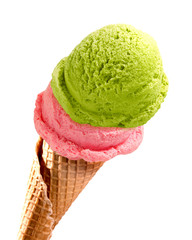 Strawberry, mango, kiwi fruit, mint or green tea Ice cream scoops in cone isolated on white background