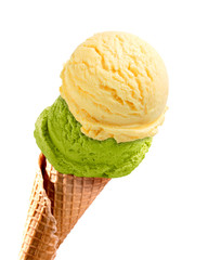 Strawberry, mango and mint or green tea Ice cream scoops in cone isolated on white background