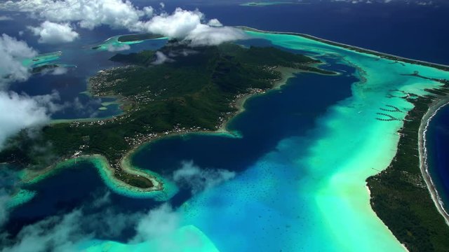 Aerial of Bora Bora reef lagoon a tropical Resort Island South Pacific