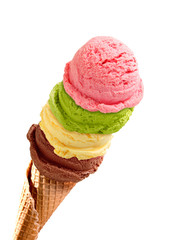 mango, mint, Strawberry and chocolate Ice cream scoops in cone isolated on white background