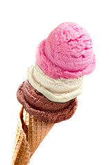 Strawberry, vanilla and chocolate Ice cream scoops in cone isolated on white background
