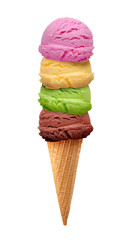 mango, mint, Strawberry and chocolate Ice cream scoops in cone isolated on white background