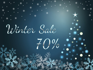 Elegant silver winter lettering design Winter sale 70% with shiny and bright snowflakes on blue background.
