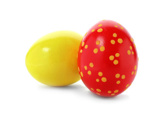 Decorated Easter eggs on white background. Festive tradition