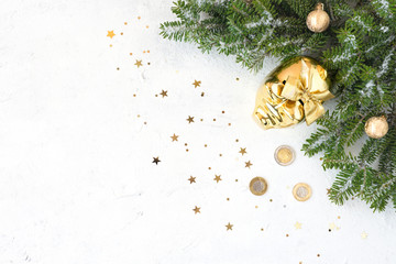 Golden piggy money bank, golden coin isolated on light grey background. Christmas, new year's concept.Money accumulation,investment, banking or business services, wealth concept.Top view.