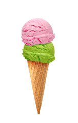 Strawberry, mango, kiwi fruit, mint or green tea Ice cream scoops in cone isolated on white background