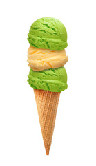 mango, kiwi fruit, mint or green tea Ice cream scoops in cone isolated on white background
