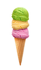 strawberry, mango, kiwi fruit, mint or green tea Ice cream scoops in cone isolated on white background