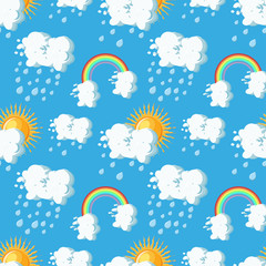 Summer weather seamless pattern with sun, clouds, rain and rainbow on blue sky backgrounds.