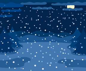 Snowy winter landscape at night, winter outdoor view with spruce trees, moon and snow, countryside night nature illustration