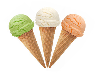 mint, kiwi fruit, pistachio, green tea, mango and vanilla  Ice cream scoops in cone isolated on white background