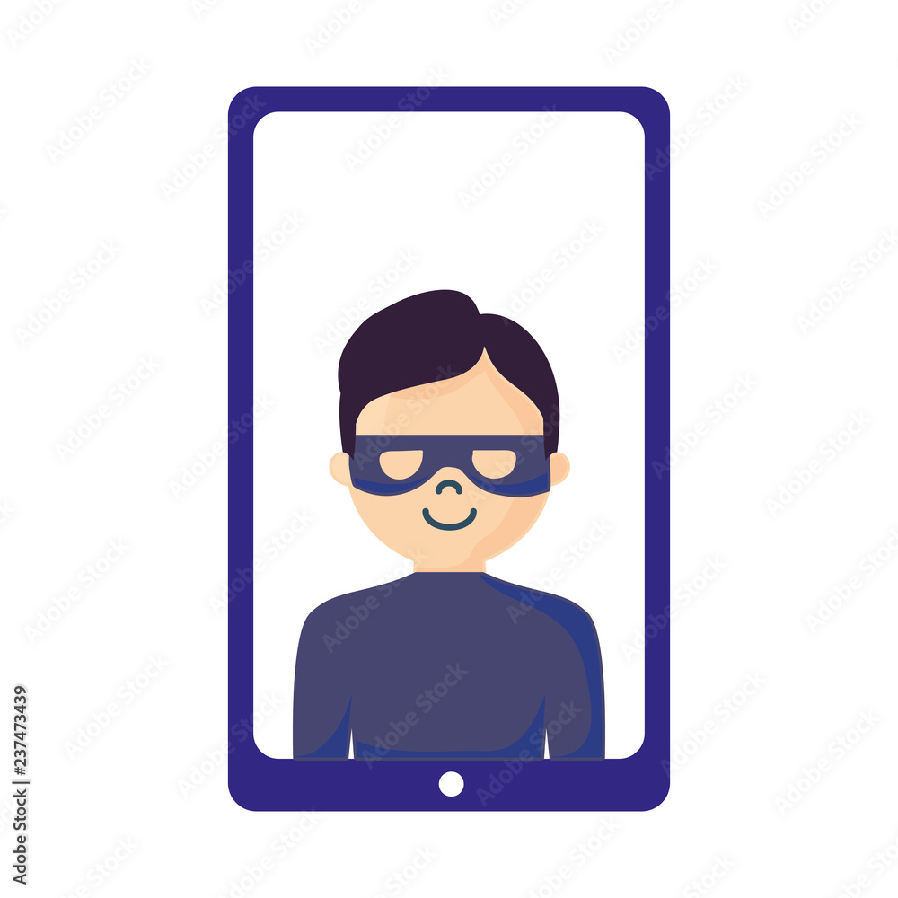 Poster mobile hacker character on white background