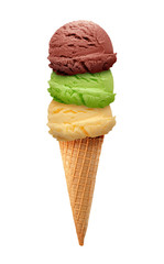 mint, kiwi fruit, pistachio, green tea, mango and chocolate Ice cream scoops in cone isolated on white background