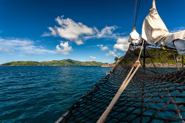 nose with net of sailboat at seychelles indian ocean