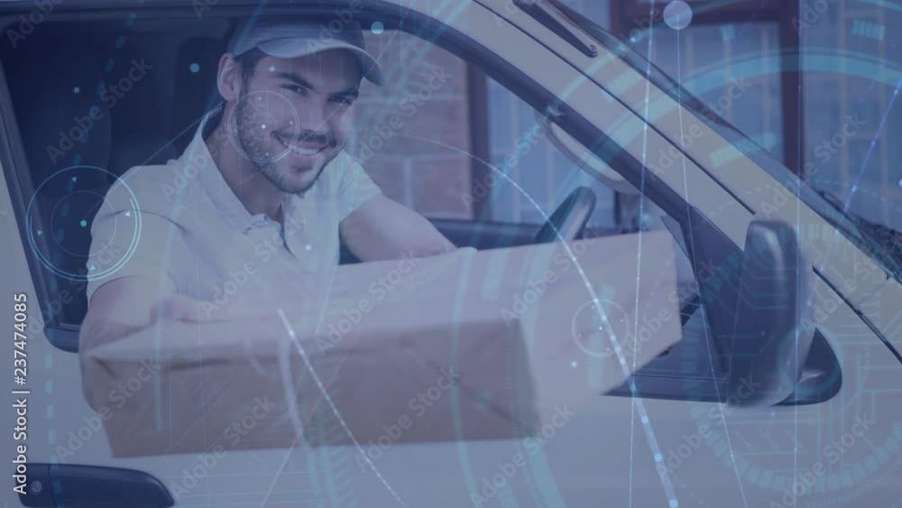 Poster warehouse composition of delivery man in a van combined with animation of connection