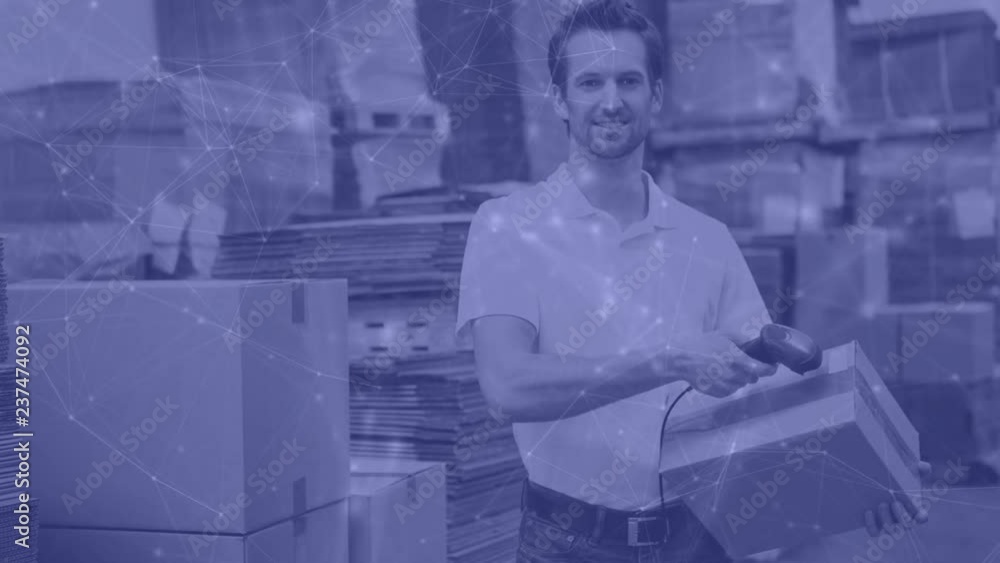 Poster warehouse composition of man in the warehouse scanning a box combined with animation of conn