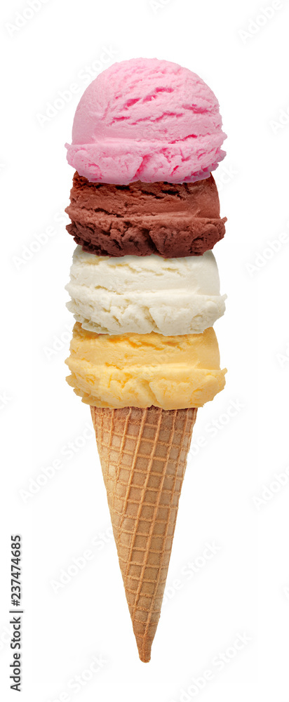 Wall mural mango, vanilla and chocolate ice cream scoops in cone isolated on white background