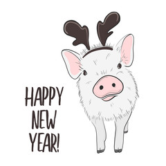 Obraz na płótnie Canvas Heppy pig with horns illustration. New year 2019 decoration. Cool cartoon domestic farm animal with greeting text.