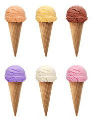 strawberry, vanilla, mango, kiwi fruit, mint or green tea Ice cream scoops in cone isolated on white background