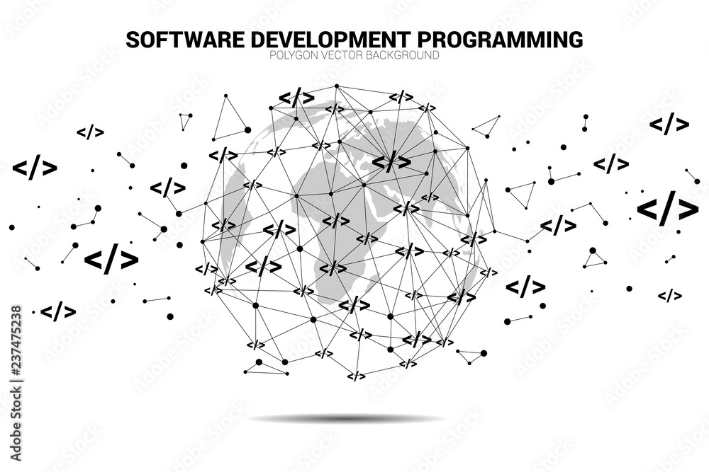 Aufkleber World Globe with development programming tag polygon dot connected line. Concept for Programming language technology and coding.