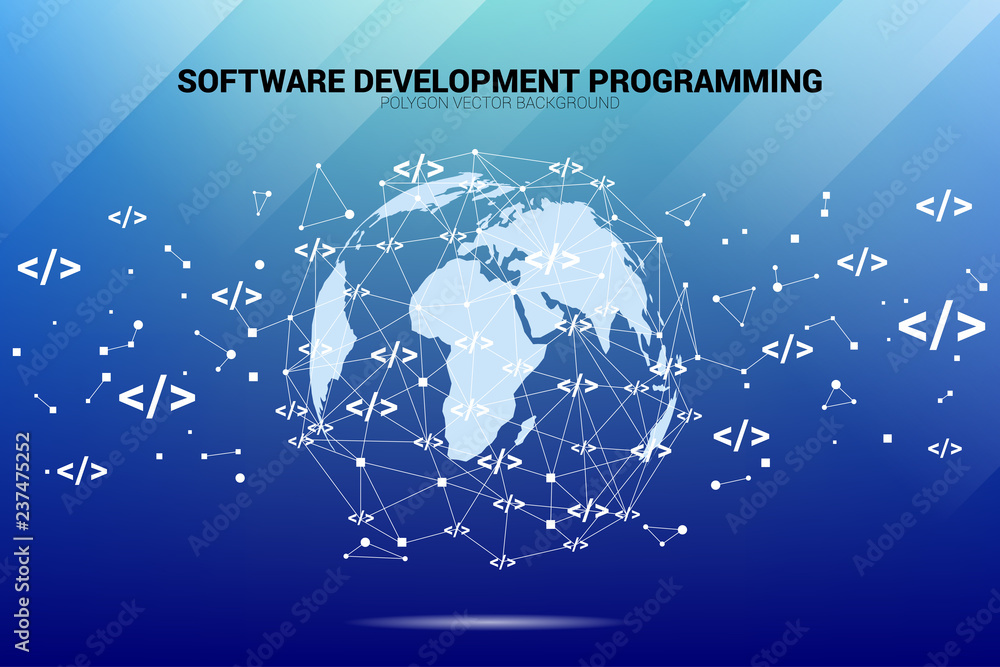 Poster World Globe with development programming tag polygon dot connected line. Concept for Programming language technology and coding.