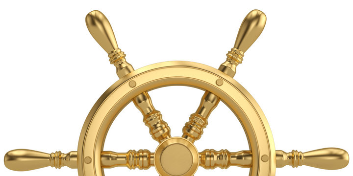 Golden ship steering wheel isolated on white background 3D illustration.